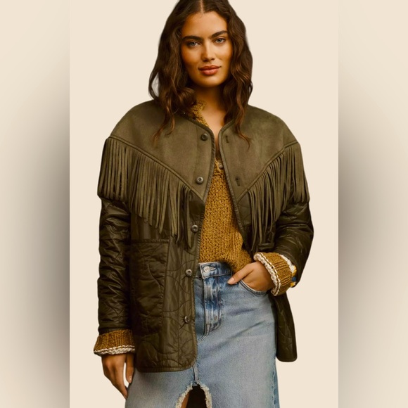 MOTHER The Tip Off Fringed Faux Suede And Quilted Shell Jacket Olive M/L - Picture 1 of 16